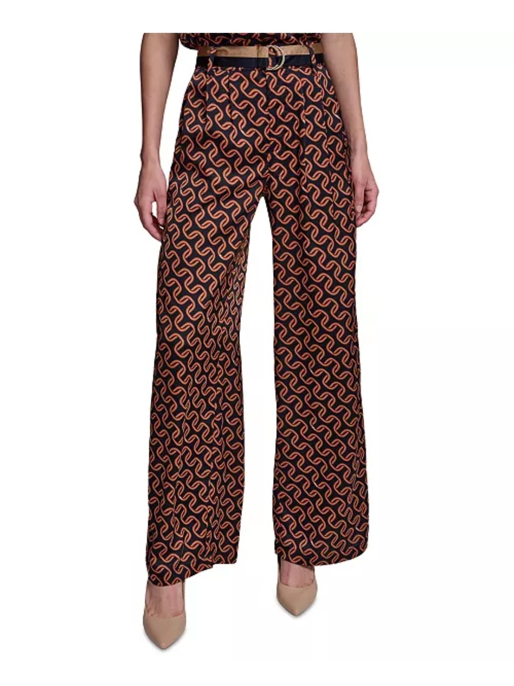 Karl Lagerfeld Satin Black Wide-Leg Pants with Orange Chain Print